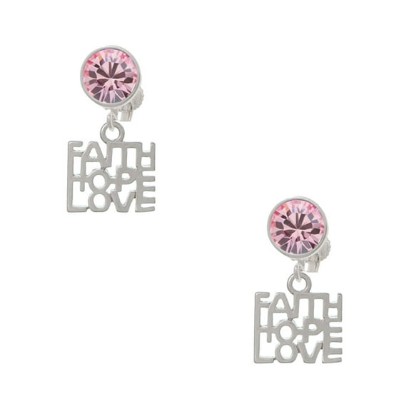 Delight Jewelry Silvertone Faith Hope Love Pink Crystal Clip on Earrings