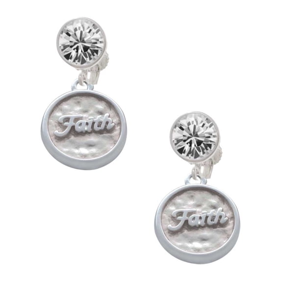 Silvertone Faith - Round Seal Clear Crystal Clip On Earrings