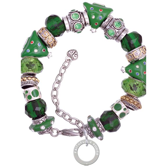 Silvertone Faithfully Yours Eternity Ring Green Christmas Bead Bracelet