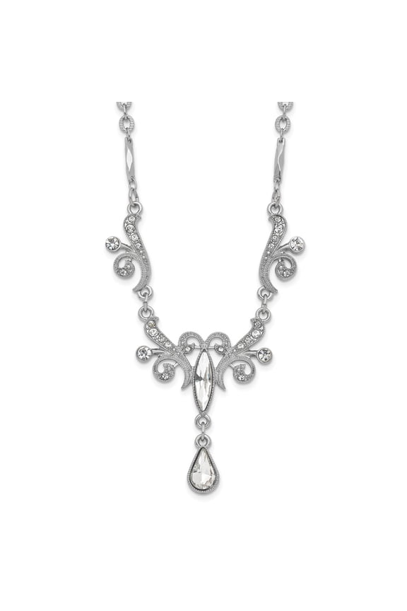 Silvertone Fancy Necklace Chain 1928 Jewelry Silver-tone Sparkling Clear Crystals from Swarovski Teardrop Adjustable 15 inch Vintage Style with 3 extension 7.5 mm