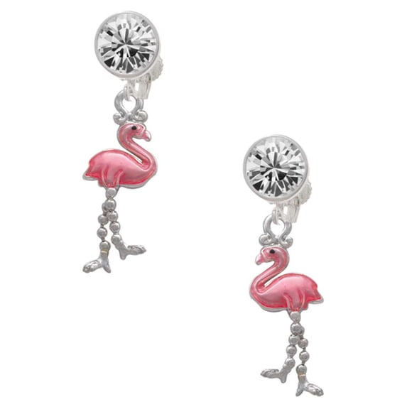 Silvertone Flamingo with Dangle Legs Clear Crystal Clip On Earrings