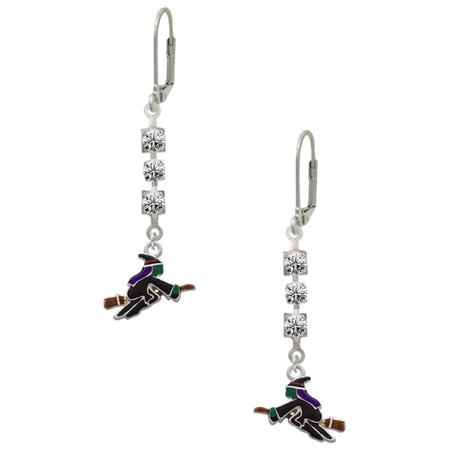 Silvertone Flying Witch Crystal Madison Leverback Earrings