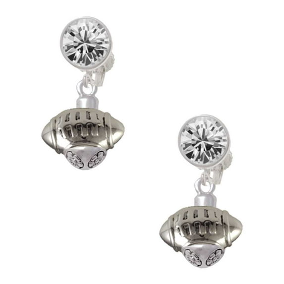Silvertone Football Spinner Clear Crystal Clip On Earrings