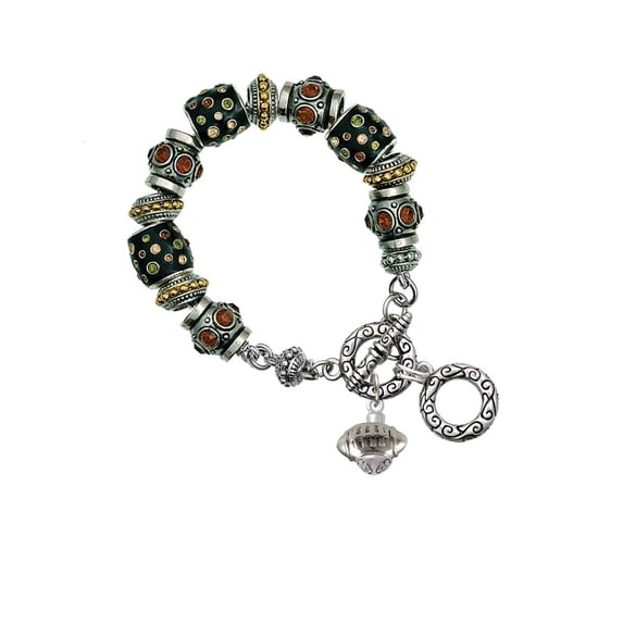 Silvertone Football Spinner Fall Crystal Bead Charm Bracelet