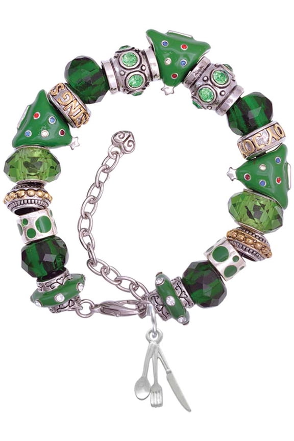 Silvertone Fork Knife and Spoon Green Christmas Bead Bracelet