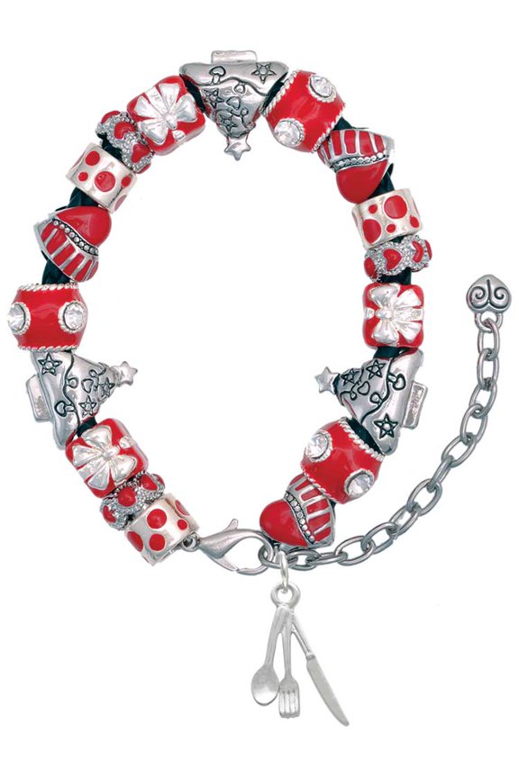 Silvertone Fork Knife and Spoon Red Christmas Bead Bracelet