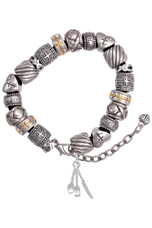 Silvertone Fork Knife and Spoon Silver Tone Christian Bead Bracelet