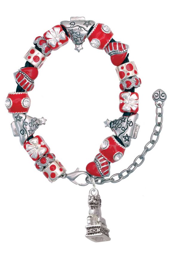 Silvertone Fu Dog Red Christmas Bead Bracelet