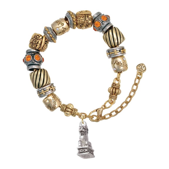 Silvertone Fu Dog Two Tone Christian Bead Bracelet