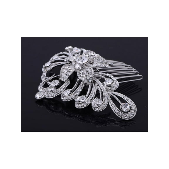 Silvertone Genuine Rhinestone Elegant Center Flower Swirl Fashion Hair Comb