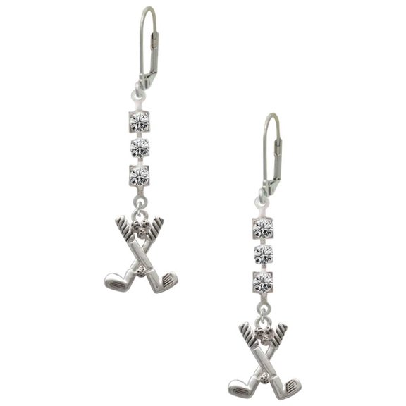 Silvertone Golf Clubs with Golf Ball Crystal Madison Leverback Earrings