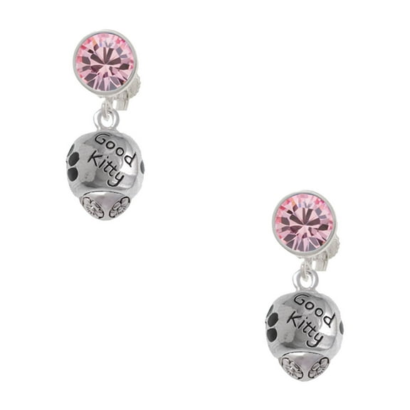 Delight Jewelry Silvertone Good Kitty with Black Paw Spinners Pink Crystal Clip on Earrings