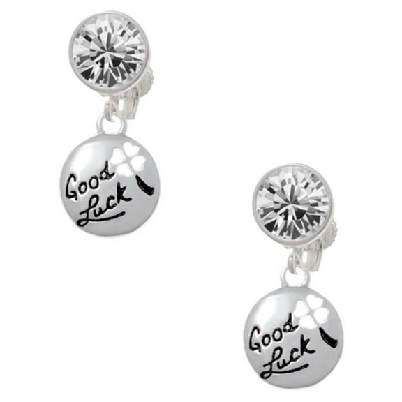 Silvertone Good Luck Disc with Cutout Four Leaf Clover Clear Crystal Clip On Earrings