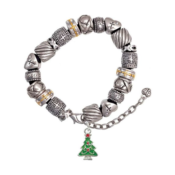Silvertone Green Christmas Tree with Red Crystals Silver Tone Christian Bead Bracelet