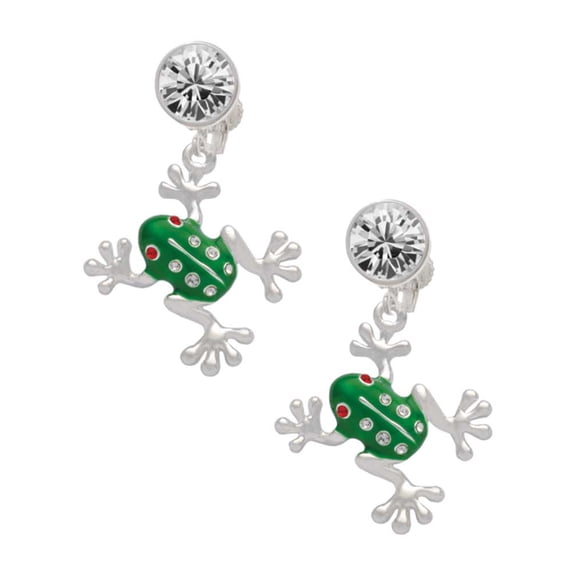 Silvertone Green Frog with Crystals Clear Crystal Clip On Earrings