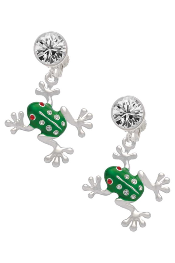 Silvertone Green Frog with Crystals Clear Crystal Clip On Earrings