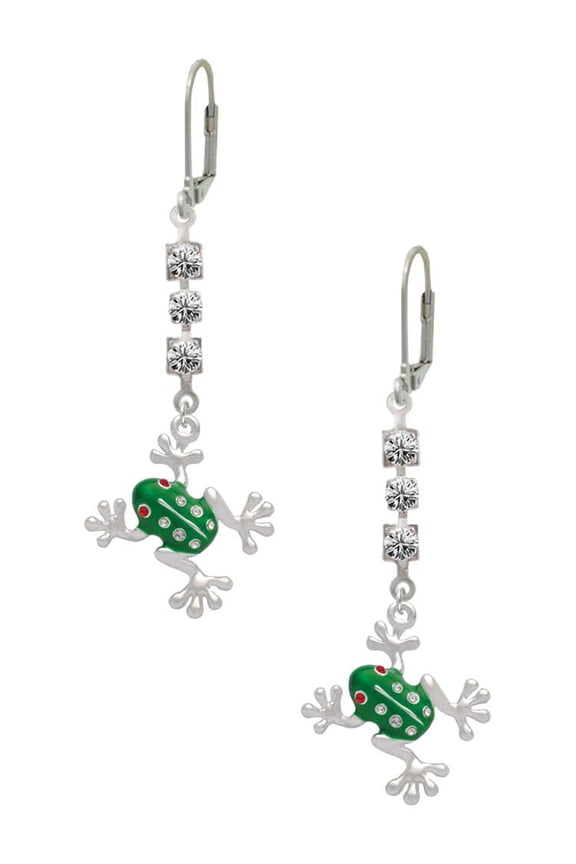 Silvertone Green Frog with Crystals Crystal Madison Leverback Earrings