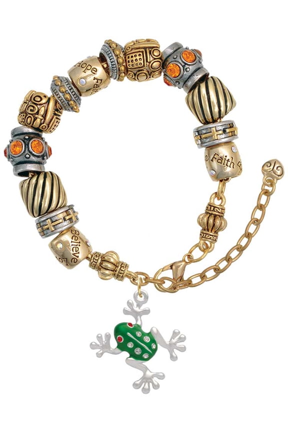 Silvertone Green Frog with Crystals Two Tone Christian Bead Bracelet