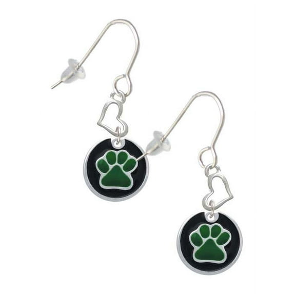 Silvertone Green Paw on Black Disc Heart French Earrings