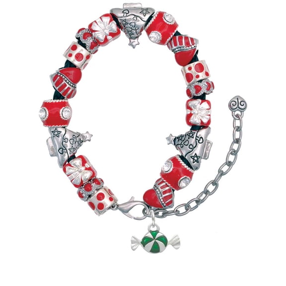 Silvertone Green Peppermint Candy Red Christmas Bead Bracelet
