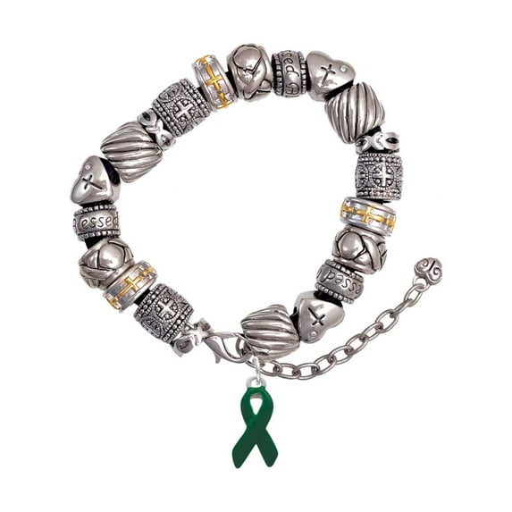 Silvertone Green Ribbon Silver Tone Christian Bead Bracelet