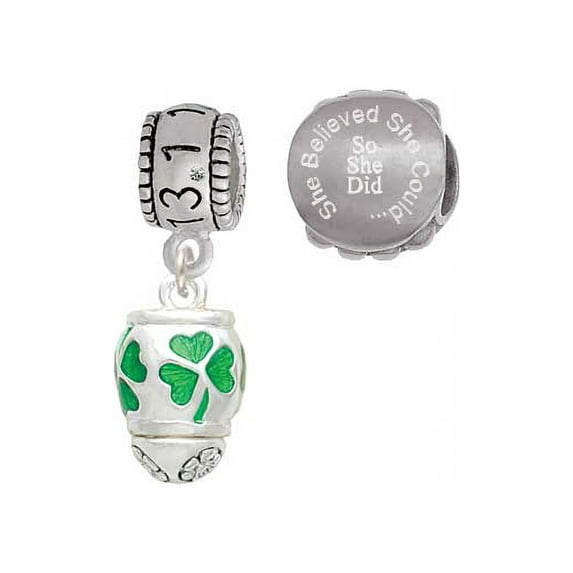 Silvertone Green Shamrock Spinner 13.1 Half Marathon Run She Believed She Could Charm Beads (Set of 2)