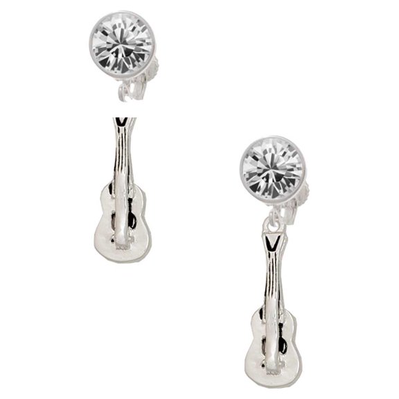 Silvertone Guitar Clear Crystal Clip On Earrings