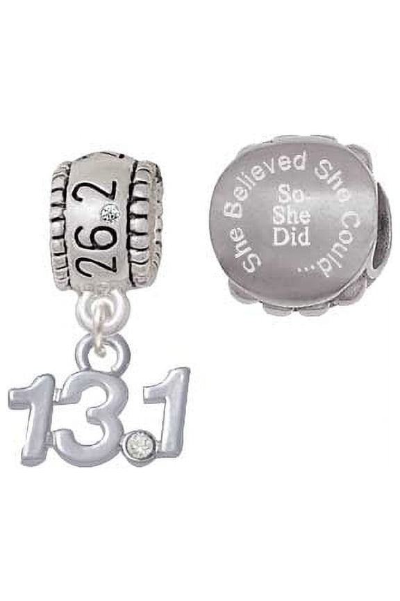 Silvertone Half Marathon - 13.1 with Clear Crystal 26.2 Marathon Run She Believed She Could Charm Beads (Set of 2)