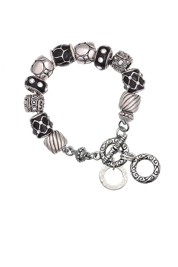 Silvertone Hammered Karma Ring Black Pebble Bead Charm Bracelet