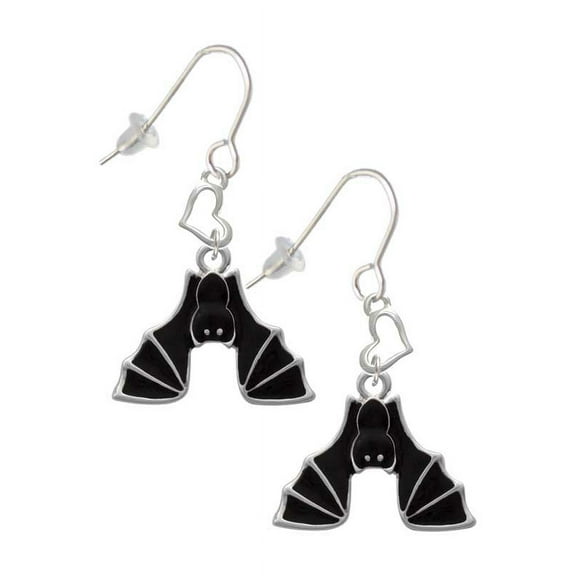 Silvertone Hanging Bat Heart French Earrings