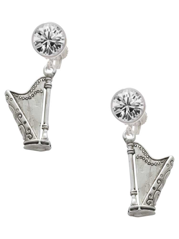 Silvertone Harp Clear Crystal Clip On Earrings