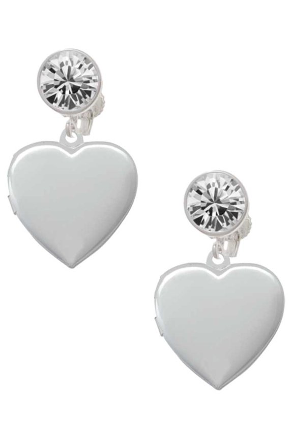Silvertone Heart Locket Clear Crystal Clip On Earrings