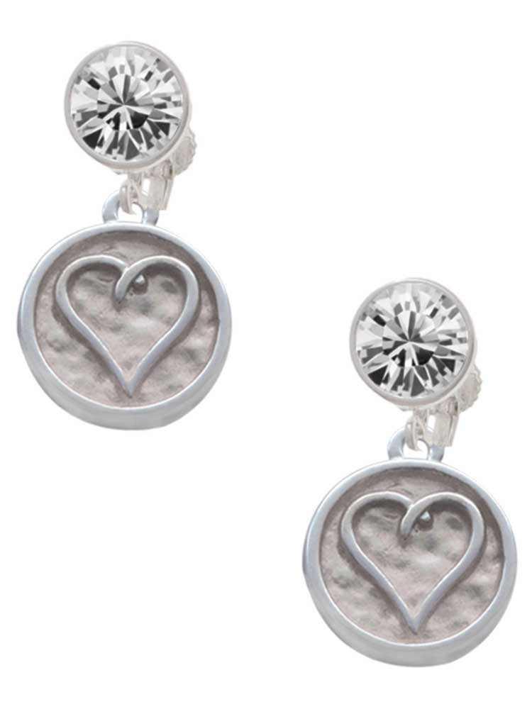 Silvertone Heart Outline - Round Seal Clear Crystal Clip On Earrings