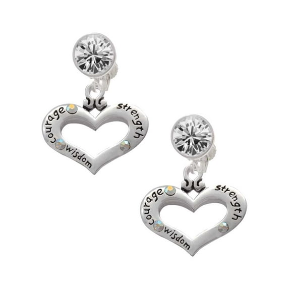 Silvertone Heart with 3 AB Crystals - Courage Strength Wisdom Clear Crystal Clip On Earrings