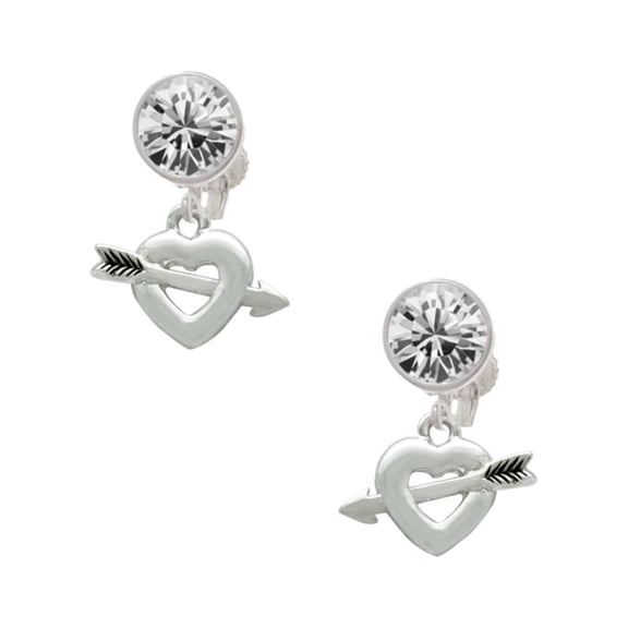 Silvertone Heart with Arrow Clear Crystal Clip On Earrings