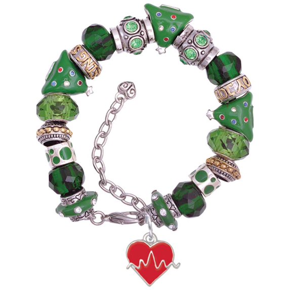 Silvertone Heartbeat on Red Heart Green Christmas Bead Bracelet