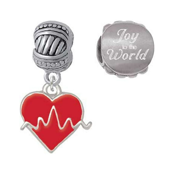 Silvertone Heartbeat on Red Heart Joy to the World Charm Beads (Set of 2)