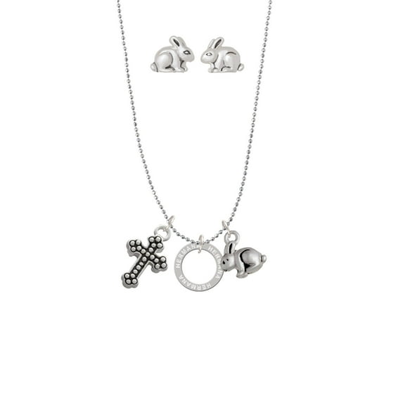 Silvertone Hermana Eternity Ring Silver Tone Cross and Bunny Necklace and Earrings Set