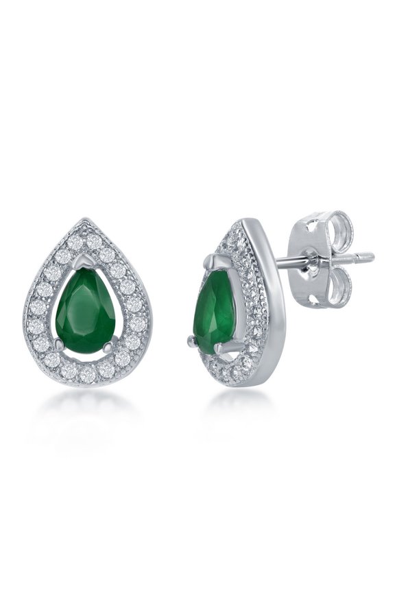 Silvertone High Polish Cubic Zirconis Micro Pave Pear Shape with 9x11mm Center Created Emerald Halo Stud Earrings Jewelry for Women or Teens