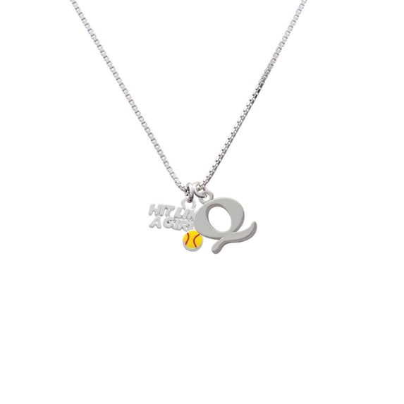 Silvertone Hit Like a Girl with Enamel Softball - Q - Initial Necklace