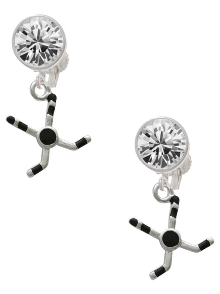 Silvertone Hockey Sticks with Puck Clear Crystal Clip On Earrings