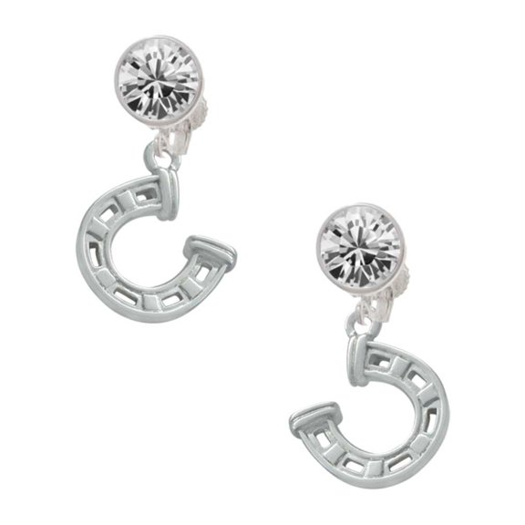 Silvertone Horseshoe with Side Loop Clear Crystal Clip On Earrings