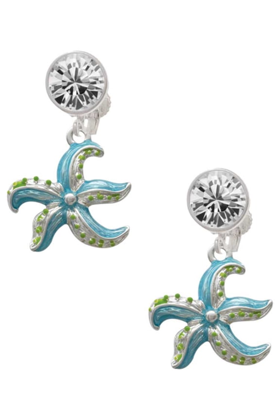 Silvertone Hot Blue Starfish - Clear Crystal Clip On Earrings
