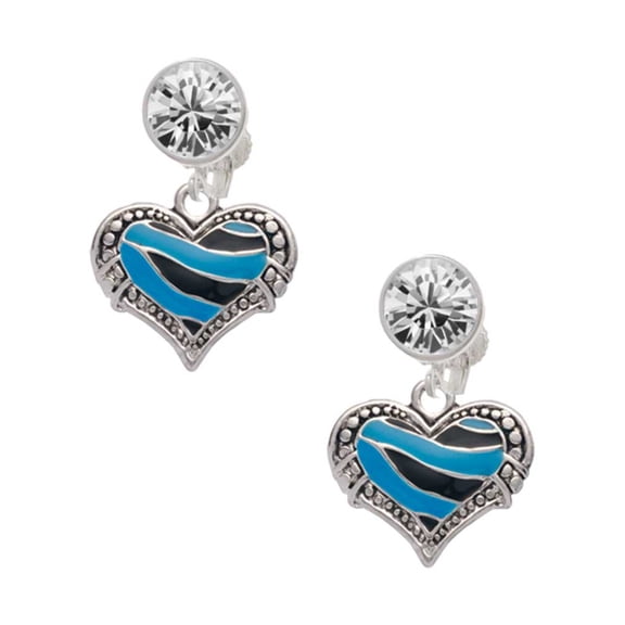 Silvertone Hot Blue Tiger Print Heart Clear Crystal Clip On Earrings