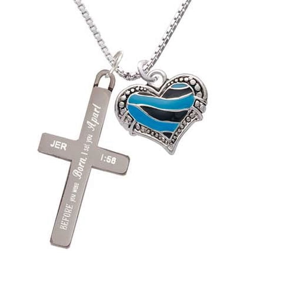 Silvertone Hot Blue Tiger Print Heart - I Set You Apart - Cross Necklace