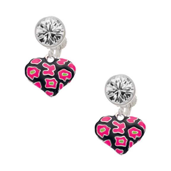 Silvertone Hot Pink Cheetah Print Heart Clear Crystal Clip On Earrings