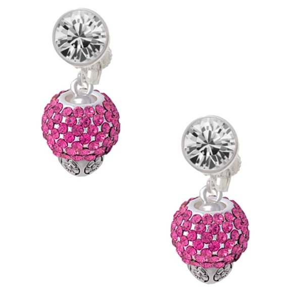 Silvertone Hot Pink Crystal Sparkle Spinner Clear Crystal Clip On Earrings