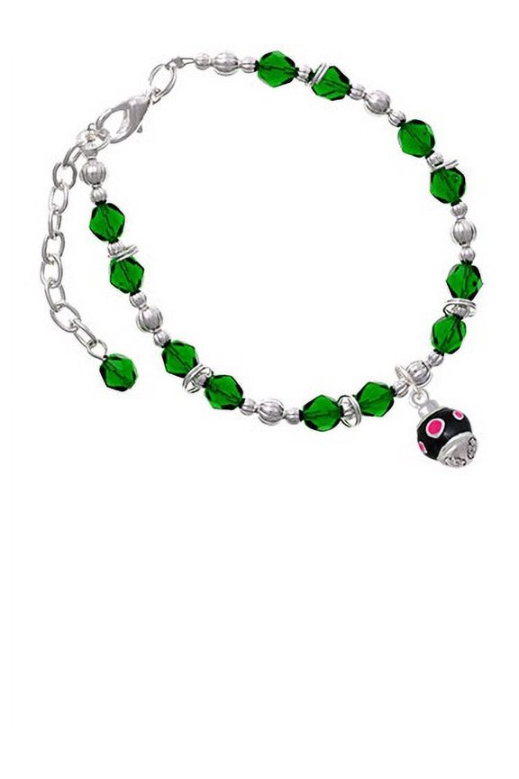 Silvertone Hot Pink Dots on Black Spinner Green Beaded Bracelet