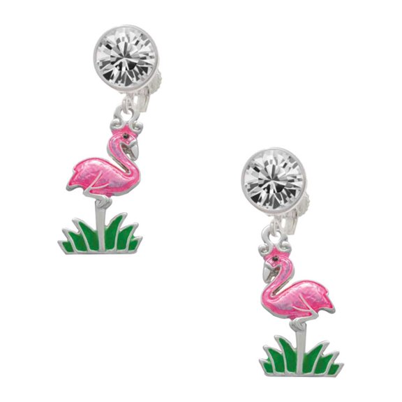 Silvertone Hot Pink Enamel Flamingo with Grass Clear Crystal Clip On Earrings