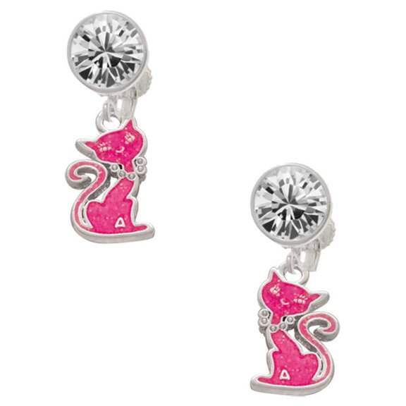 Silvertone Hot Pink Glitter Cat Clear Crystal Clip On Earrings